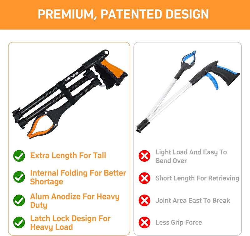 GrabRunner 38" Extra Long Grabber Reacher Tool – 2 Pack Extra Long Foldable Reacher Grabber Pickup Tools with 360° Rotating Jaw - Heavy Duty Pick Up Grabbers for Seniors, Trash, Surgery Recovery (Orange Blue) - Image 5